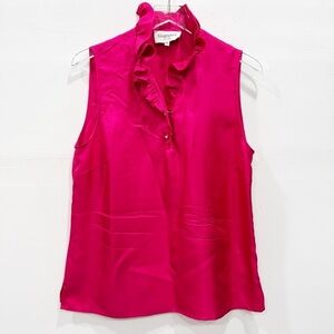 Elizabeth McKay High Neck Ruffle Blouse Sleeveless Size 14 Hot Pink Silk